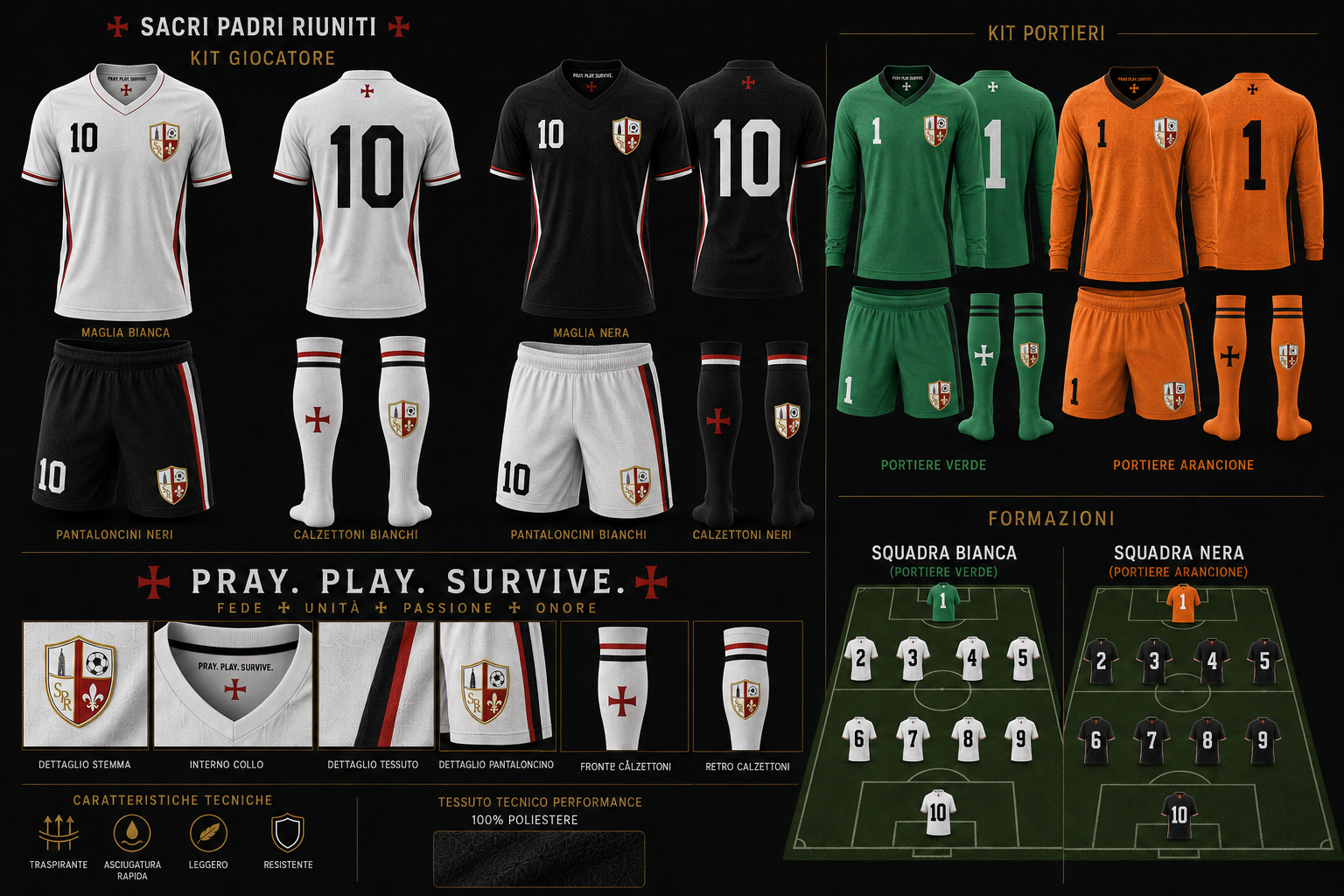 Kit ufficiali Sacri Padri Riuniti: maglia bianca, maglia nera, portieri verde e arancione, formazioni Squadra Bianca e Squadra Nera